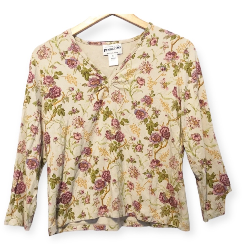 Vintage Pedentlon Top M Country Prairie Tan Rose Floral Stretch